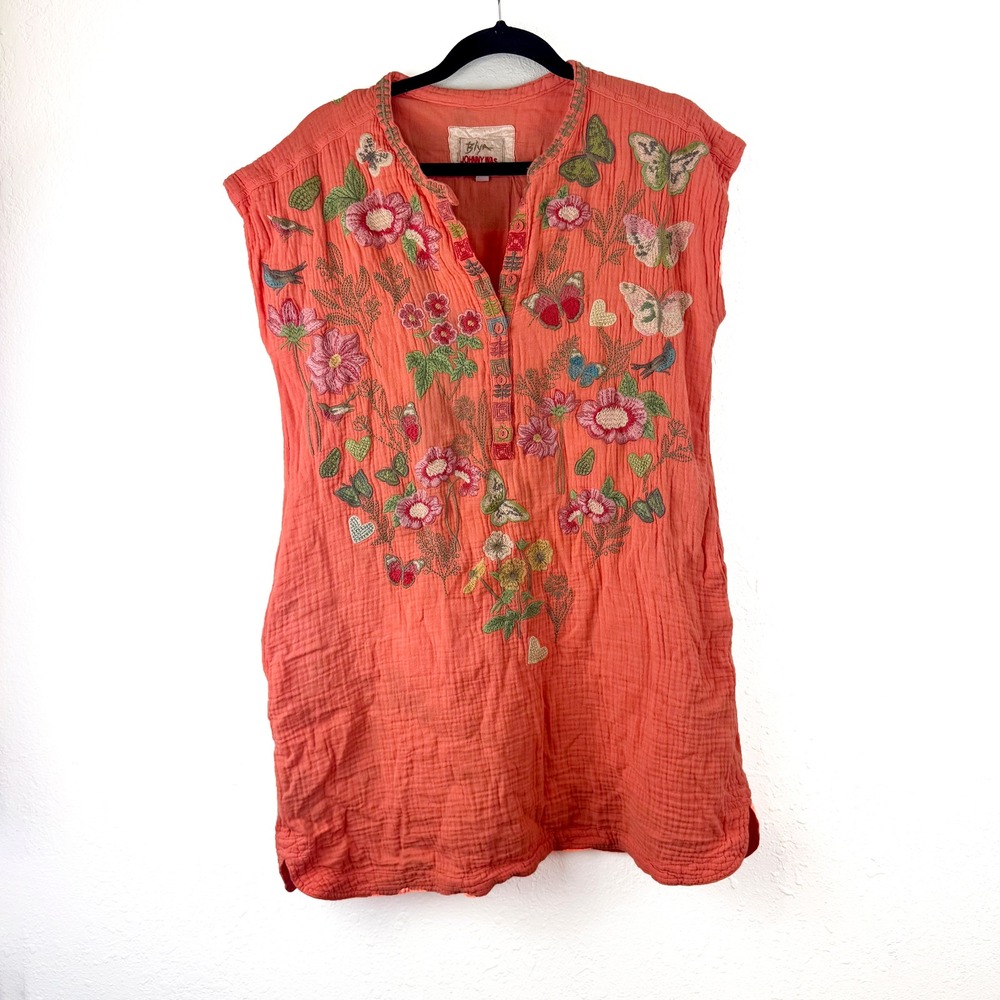 Biya Johnny Was Coral Pink Embroidered Cotton Gauze Butterfly Floral Tunic Top